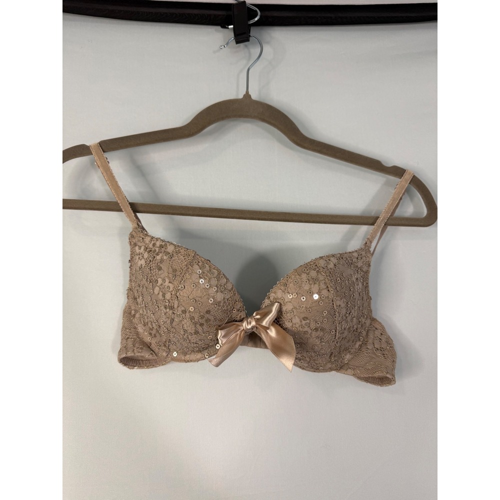 Aerie Emma Push Up Bra‎ Women 34A Nude Good Sequin Lace Floral Metallic Bow